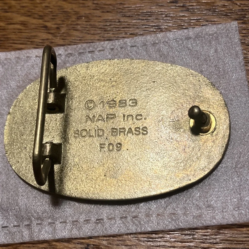 Vintage NAP Inc 1983 Solid Brass Native American Horse Mountain Belt Buckle F09